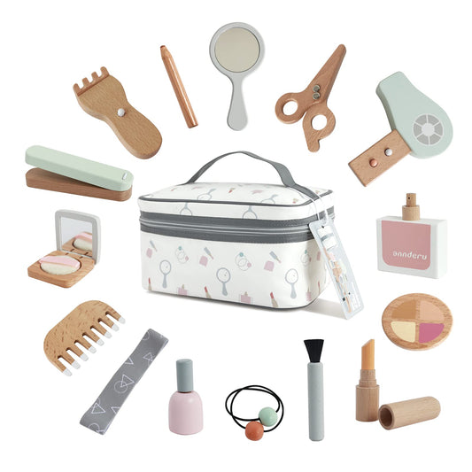 Nunukids wooden makeup toy set with pink cosmetic bag for imaginative play.
