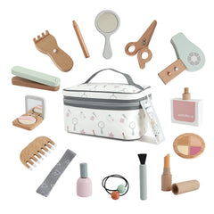 Nunukids wooden makeup toy set with pink cosmetic bag for imaginative play.
