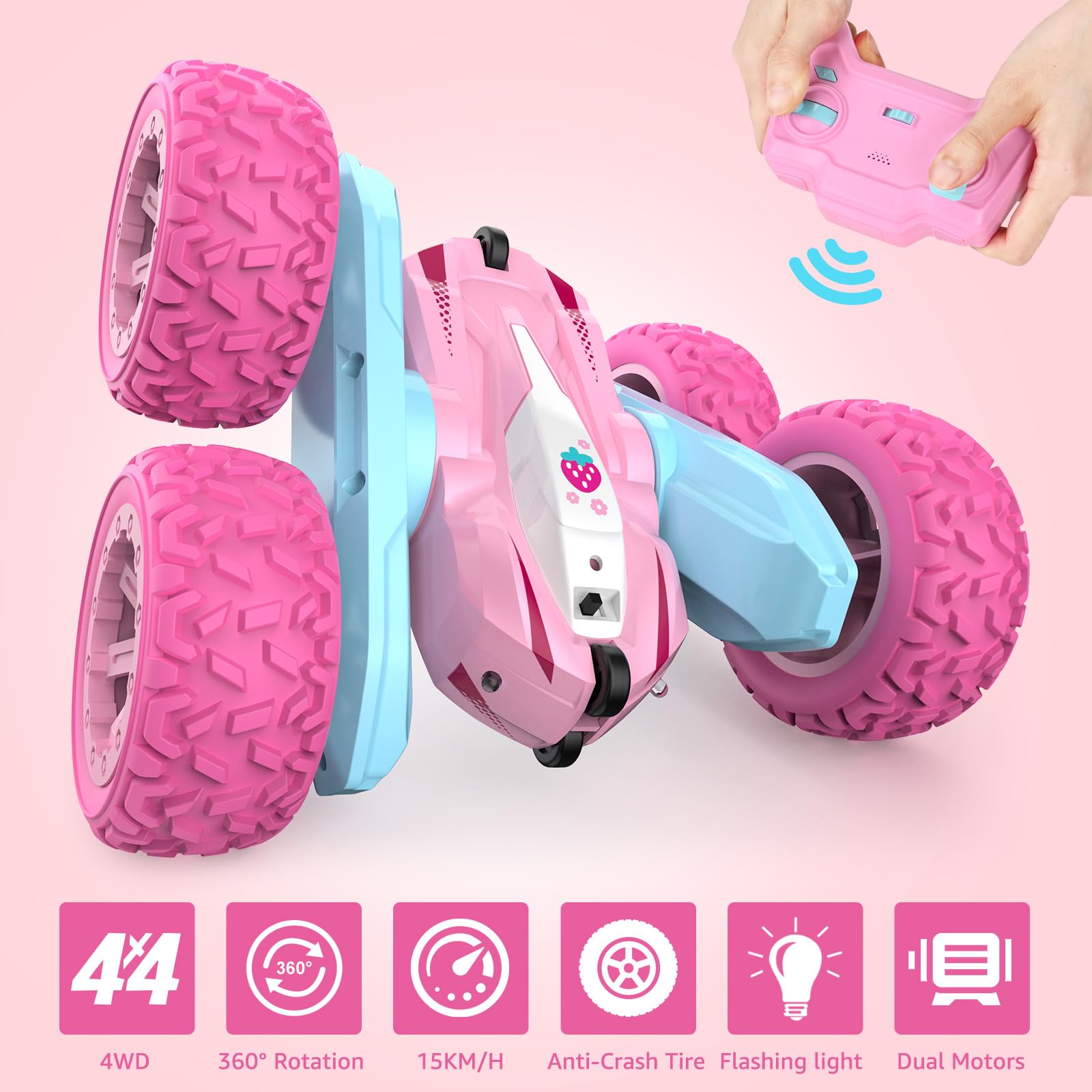 NUOKE pink RC car top view highlighting compact body and dual batteries