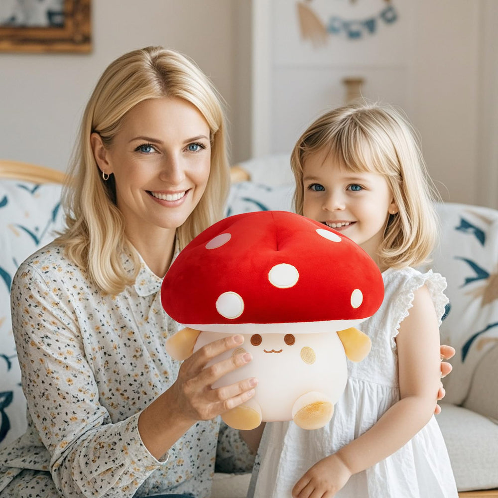 Nuokin Mushroom Plush 12inch in bed, cozy decor and soft support