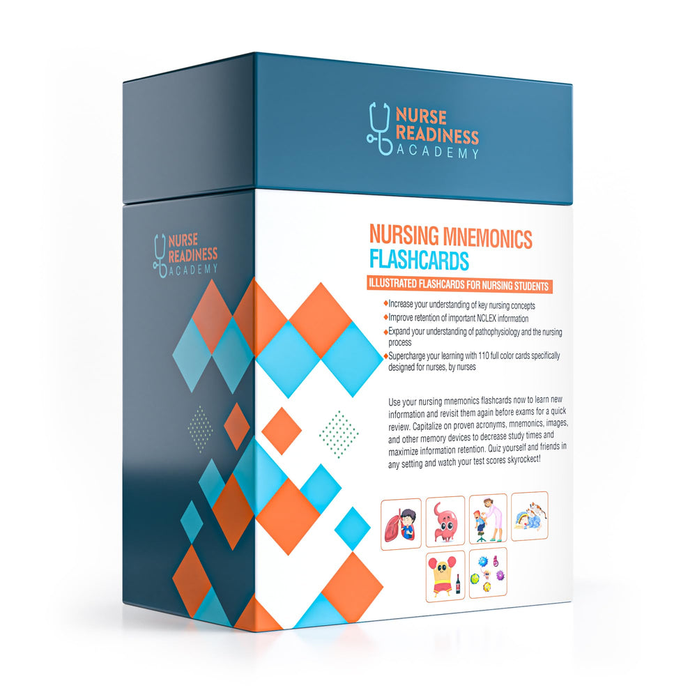 Nurse Readiness Academy mnemonic devices displayed on a flashcard spread.