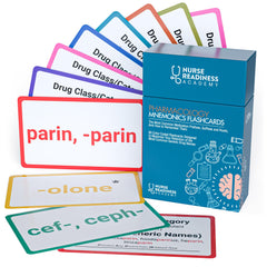 Nurse Readiness Academy pharmacology mnemonics flashcards color-coded for quick pharmacology study.