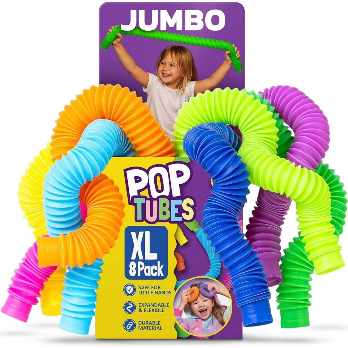 Nutty Toys Jumbo Pop Tubes XL connected in bright colors for creative STEM play.