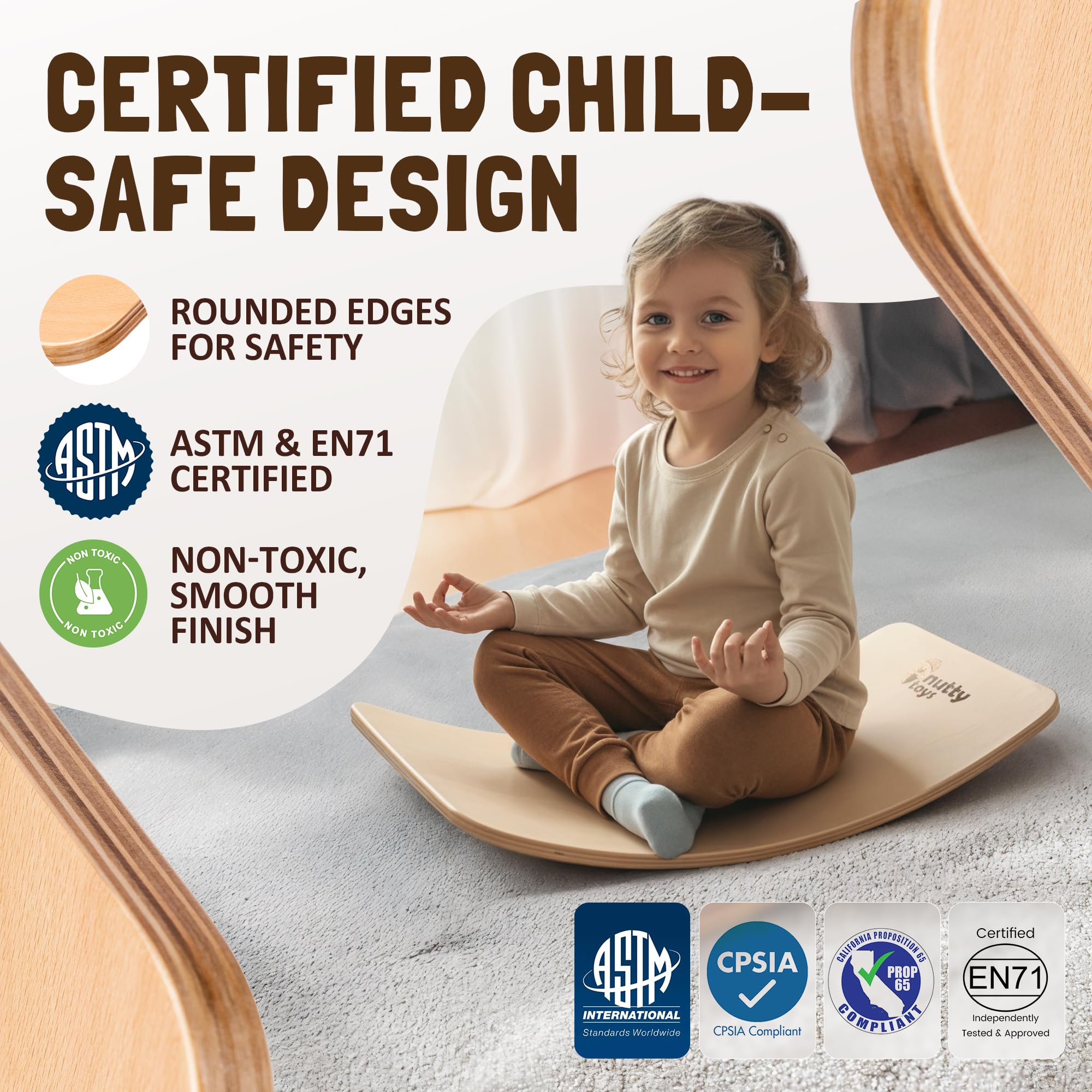 Nutty Toys Montessori wooden wobble board side view highlighting natural finish and sturdy build