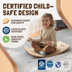 Nutty Toys Montessori wooden wobble board side view highlighting natural finish and sturdy build