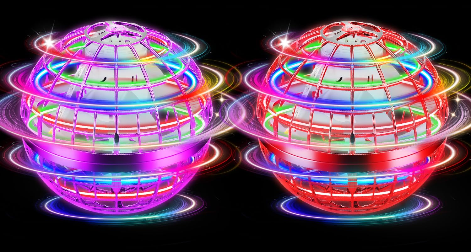 NWLAEWR Flying Orb Ball in red glows with LEDs for nighttime play.