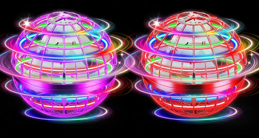 NWLAEWR Flying Orb Ball in red glows with LEDs for nighttime play.
