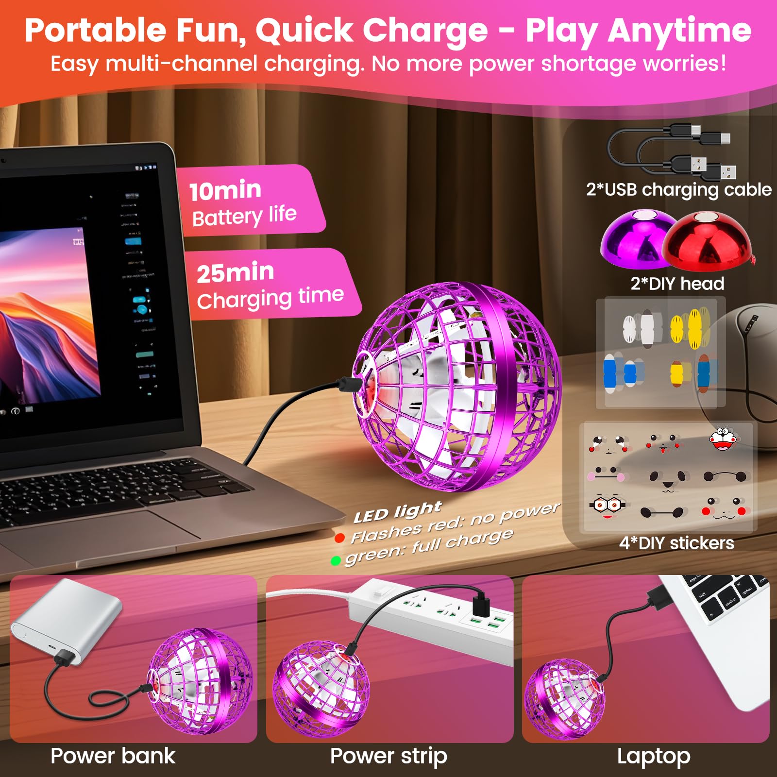 NWLAEWR Flying Orb Ball includes charging cable for quick play.