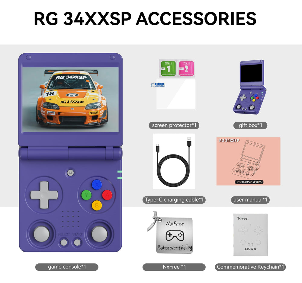 NxFree Anbernic RG34XXSP 64GB card preloads 5000+ games for instant retro play.