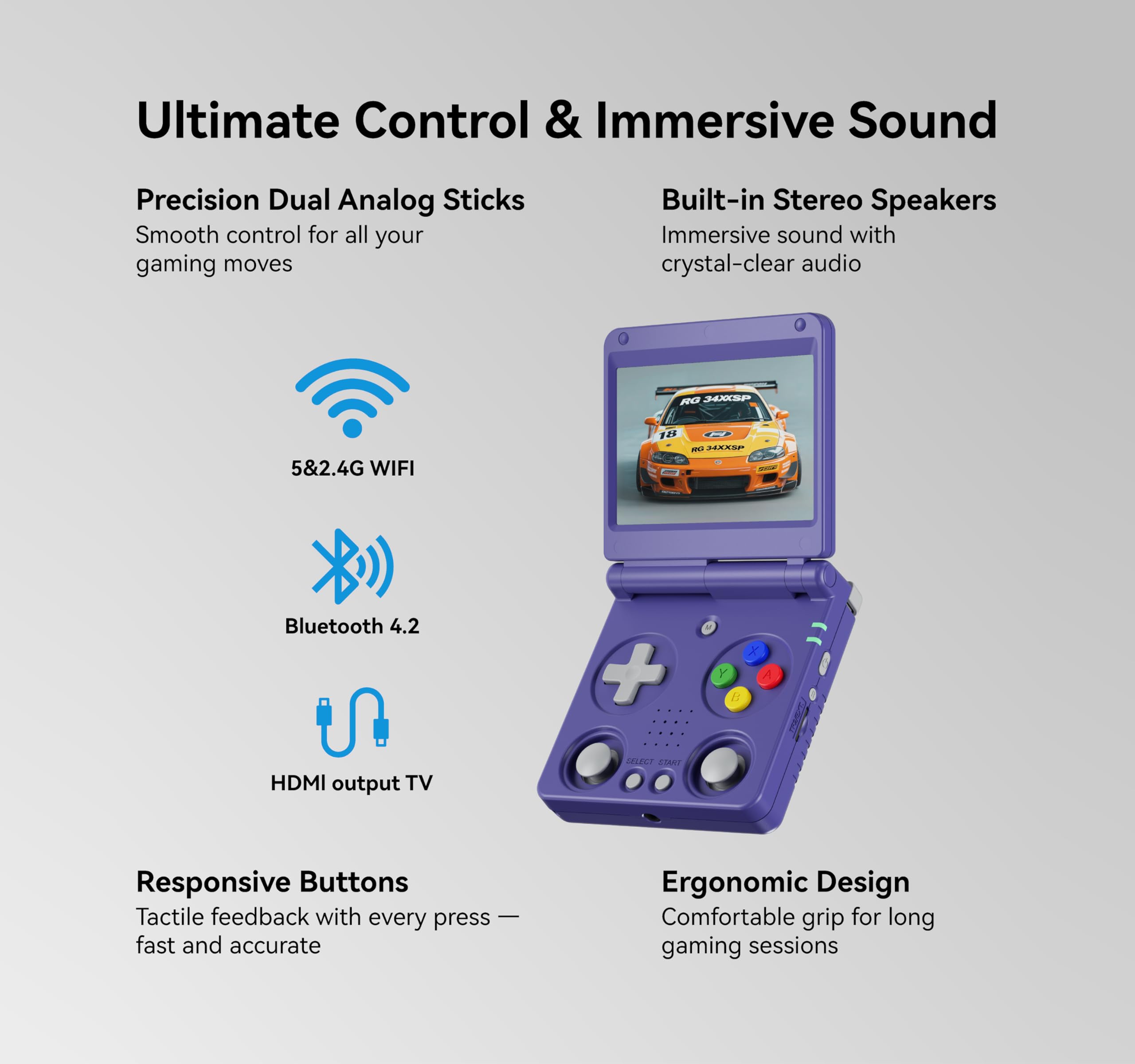 NxFree Anbernic RG34XXSP dual-band wifi delivers faster online connections.