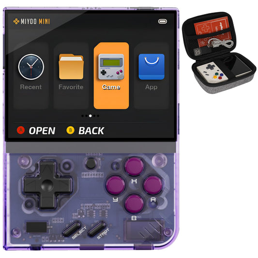 NxFree Miyoo Mini Plus purple front view for portable retro gaming.
