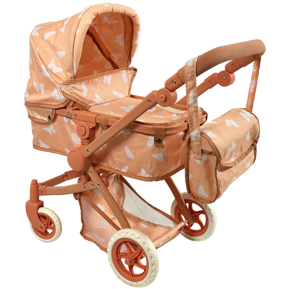 The New York Doll Collection beige butterfly convertible stroller opened for doll adventures