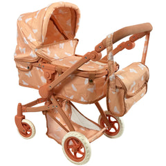 The New York Doll Collection beige butterfly convertible stroller opened for doll adventures