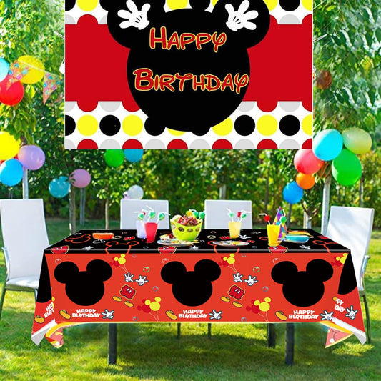Nyhpar mouse party tablecloth side detail, durable plastic protects surfaces.
