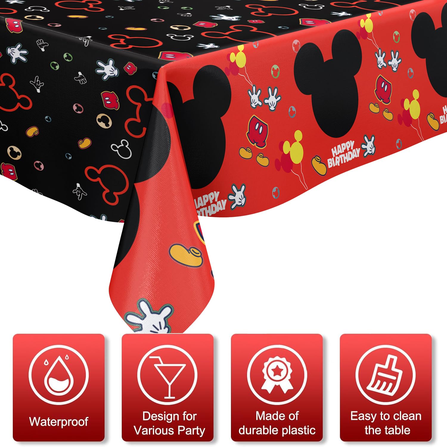 Nyhpar mouse-themed tablecloth setup for cake area and photo moments.