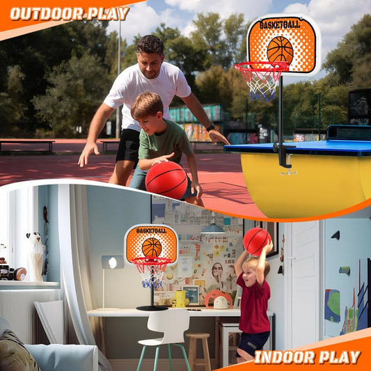 Tabletop mini hoop with two balls ready for quick rounds at home