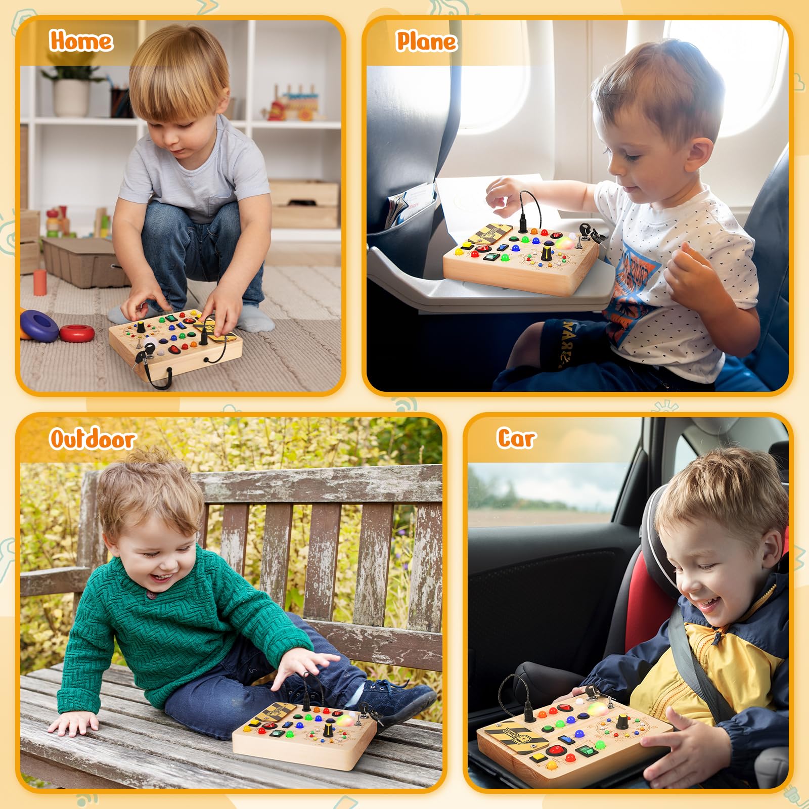 OAKJAR Busy Board with battery-powered LEDs illustrates independent play opportunities.