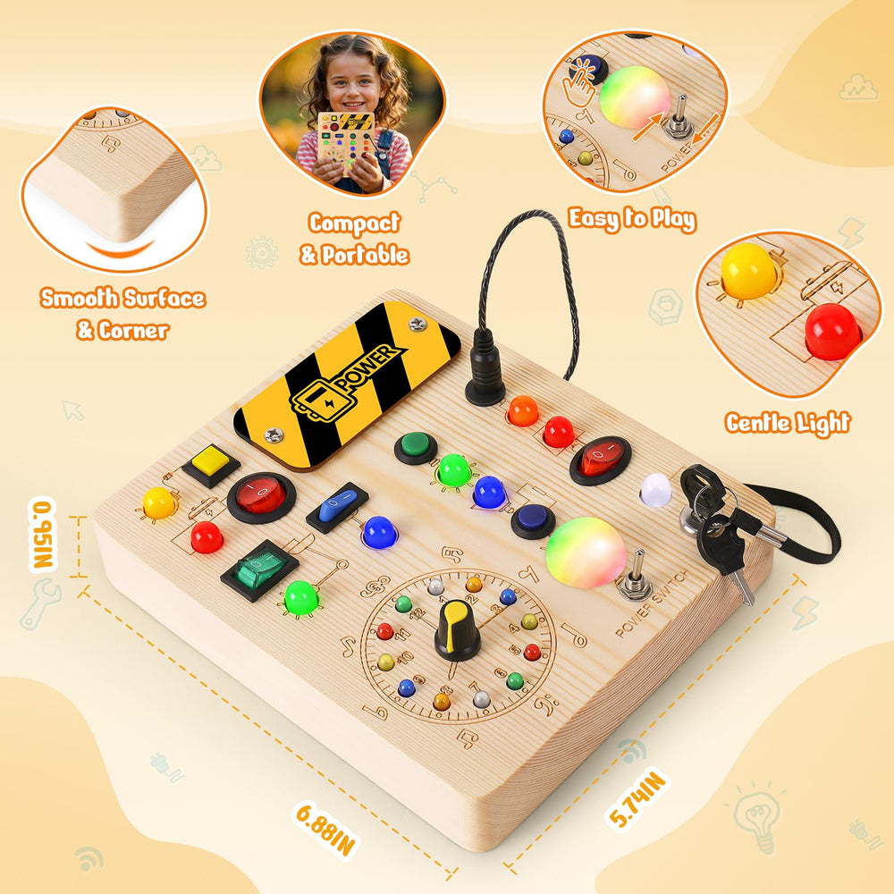 OAKJAR Busy Board wooden surface highlights durable, burr-free construction for safe exploration.