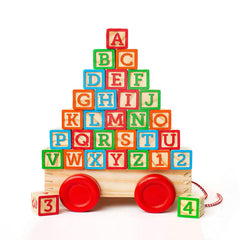 Oaktown Supply wooden blocks with alphabet and number icons on every side for early learning