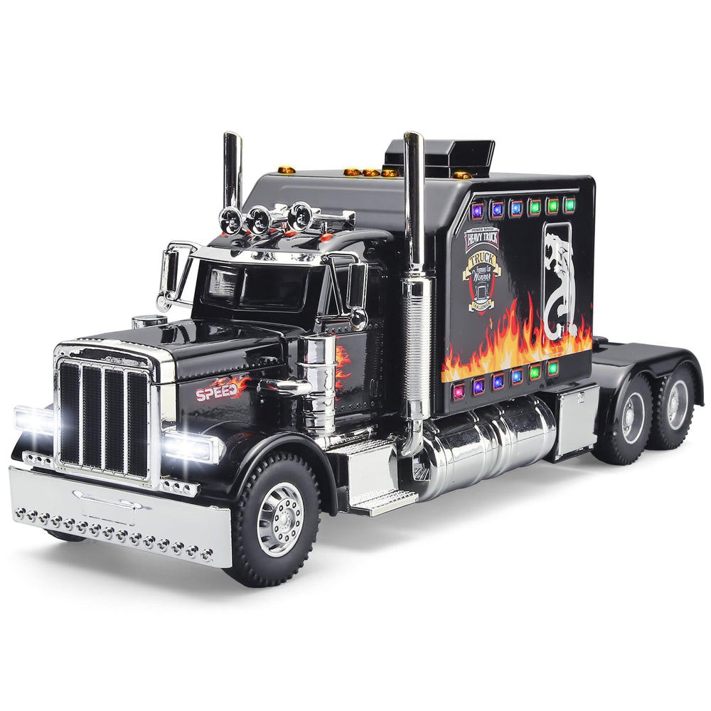 OANMYJJO semi truck toy front lights illuminate during play for realism.