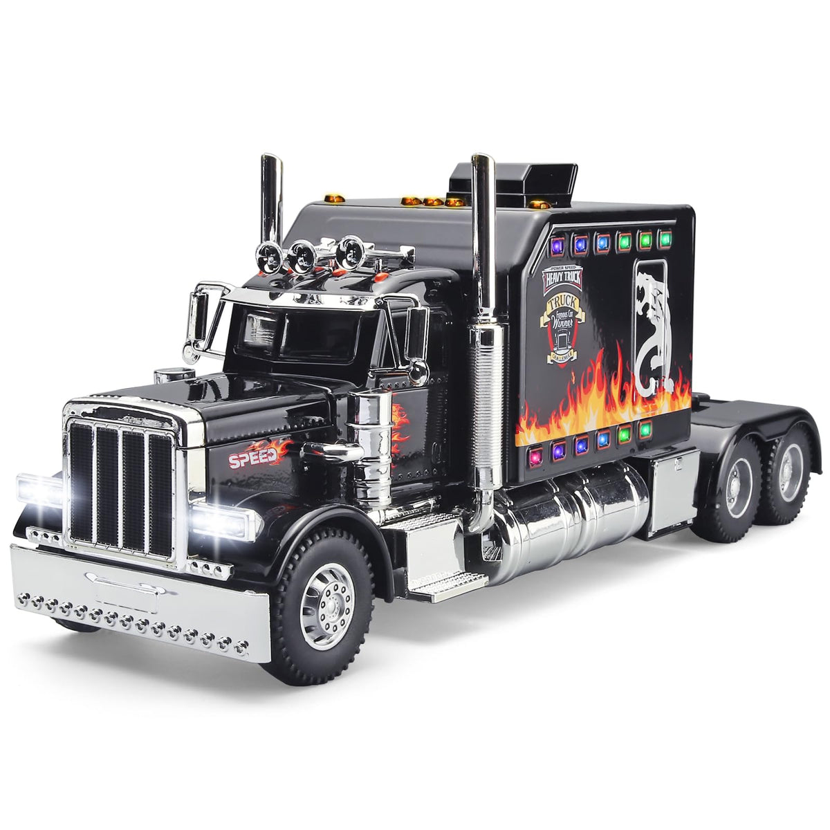 OANMYJJO semi truck toy front lights illuminate during play for realism.