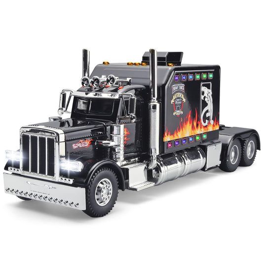 OANMYJJO semi truck toy front lights illuminate during play for realism.