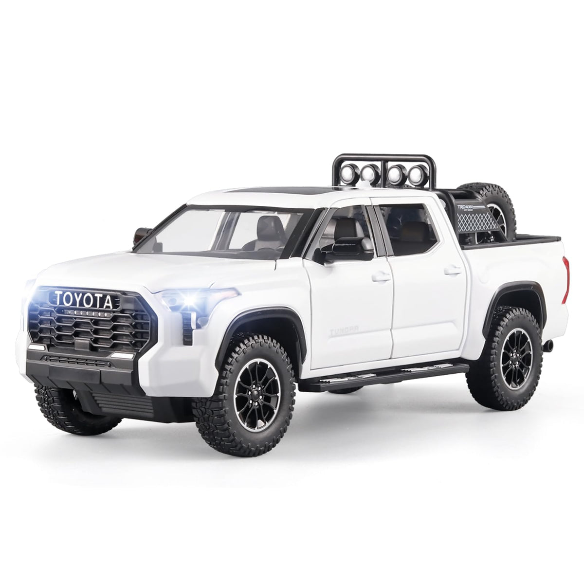 OANMYJJO White Tundra front view with bright lights for playtime realism.