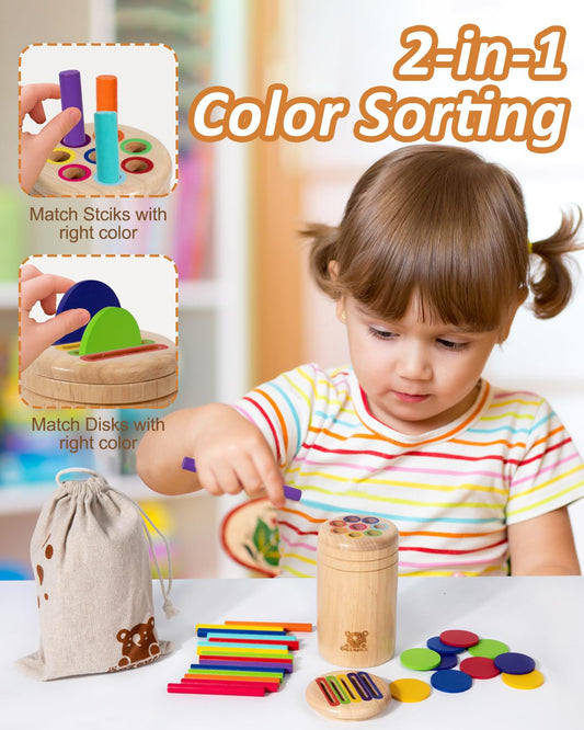 Close-up of color sticks and coins sorting by Oazoxcx supports independent play and fine motor skills.