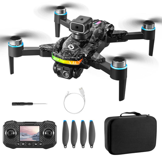 OBEST remote with screen drone front view showing stable flight and live video feed