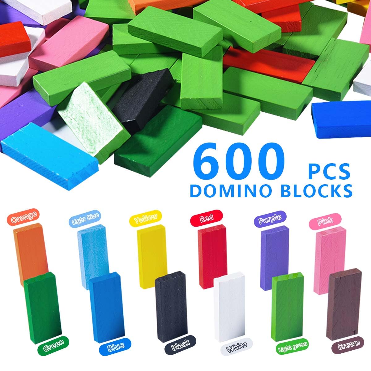 OBTANIM wooden domino blocks arranged for a race-style stacking game.