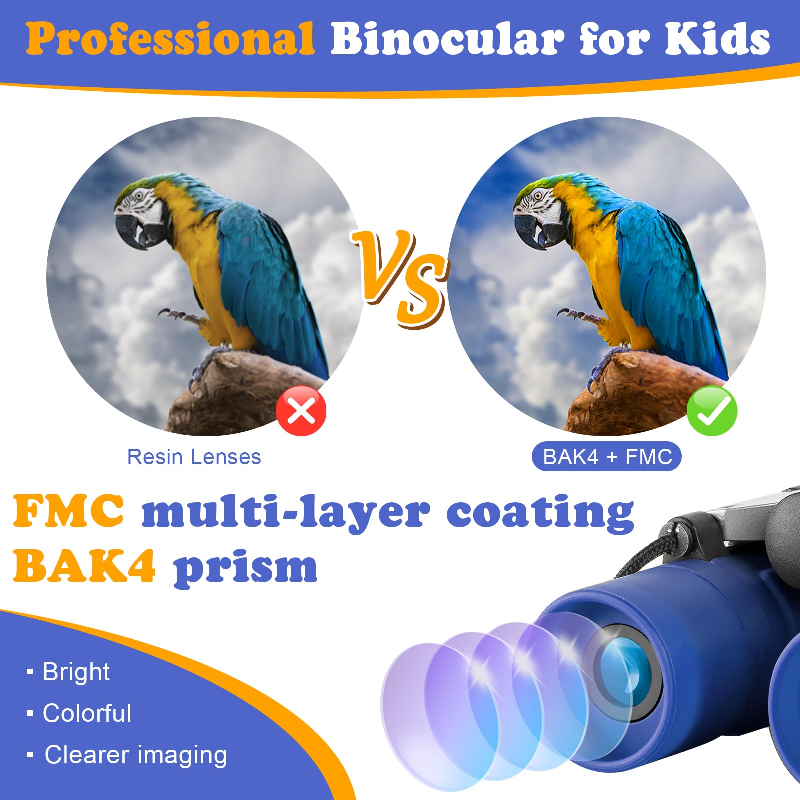Soft rubber eyepieces on OBUBY binoculars protect eyes during active play.