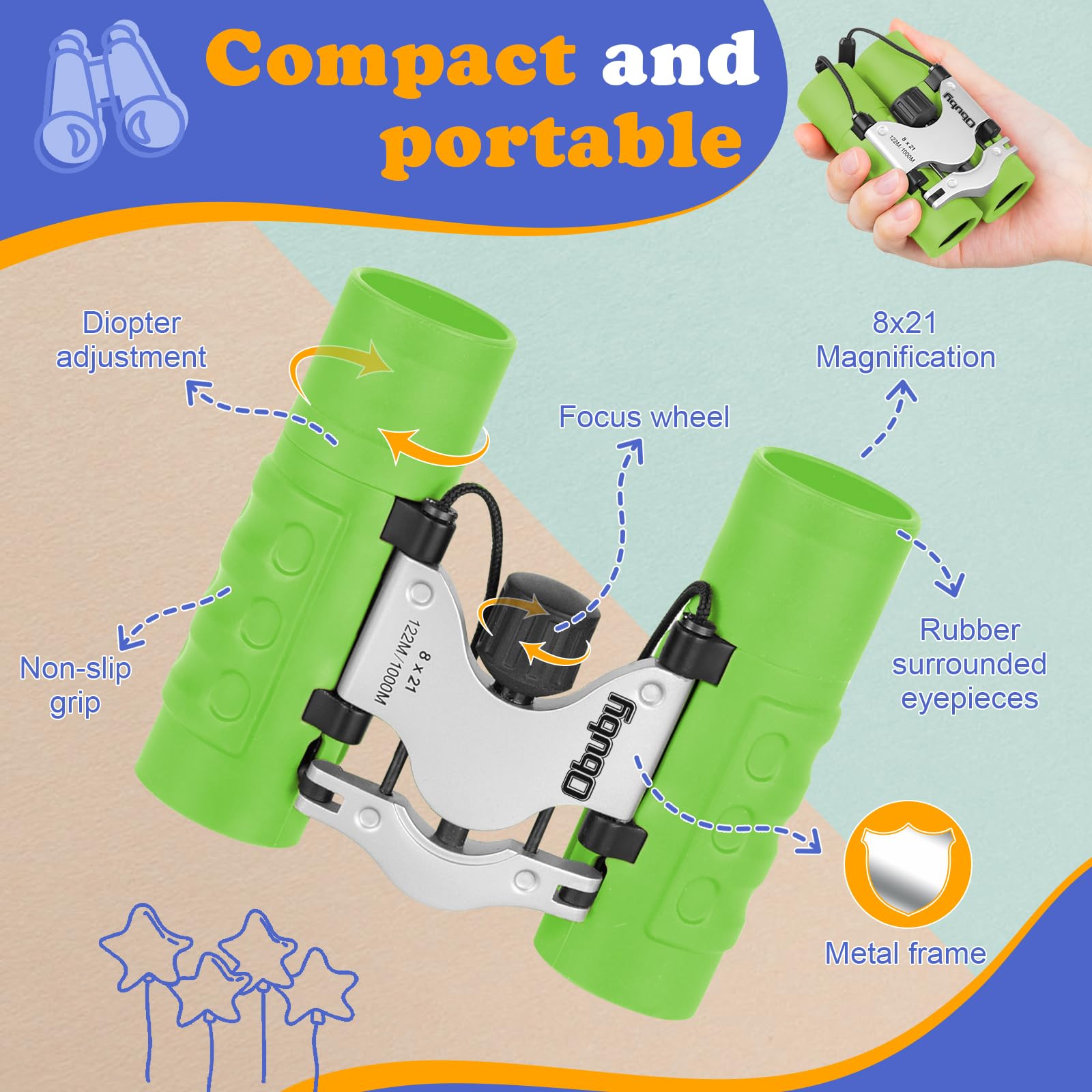 Obuby Kids Binoculars 8x21 ideal for birdwatching in parks and gardens.