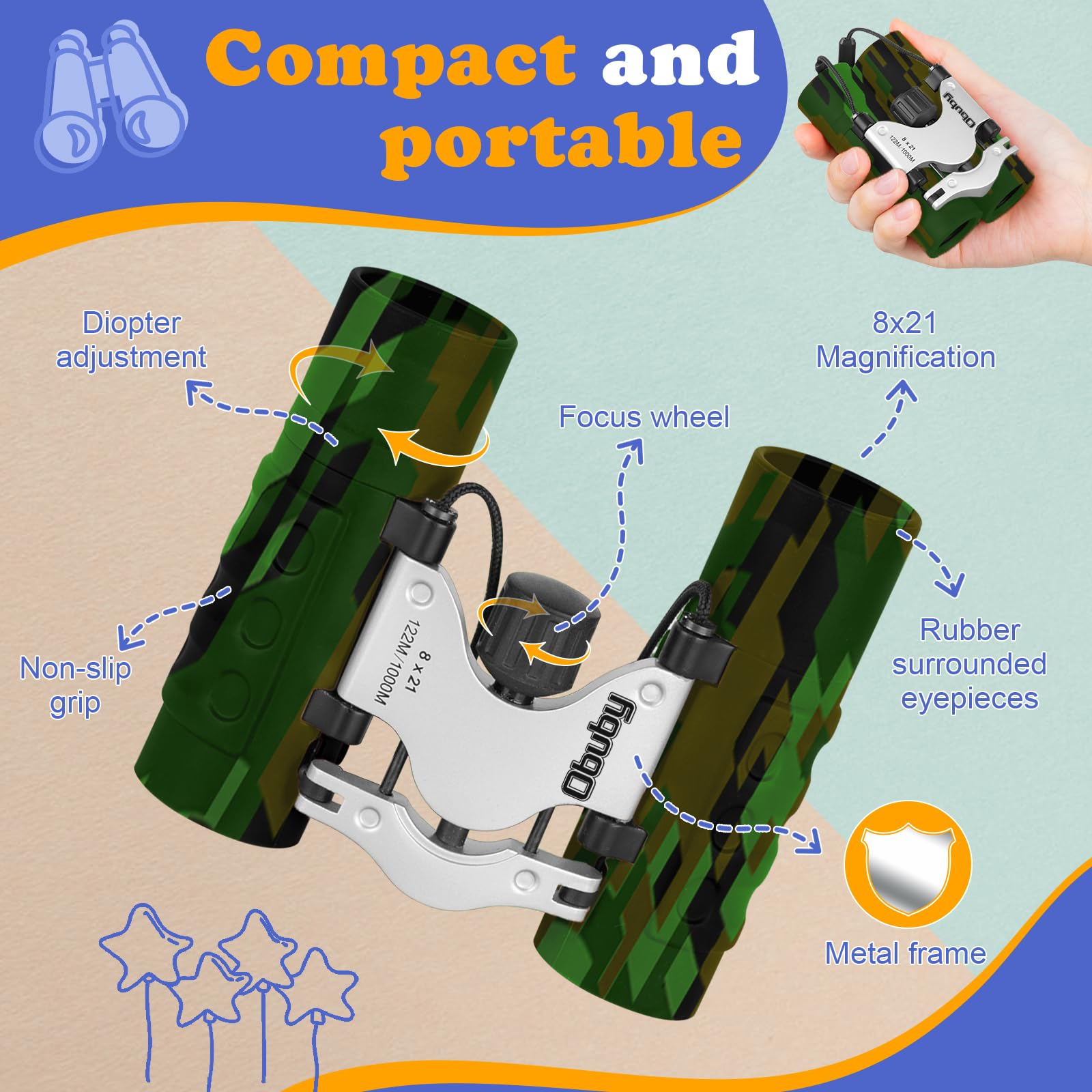 OBUBY Real Binoculars for Kids shockproof shell protects lenses during drops.