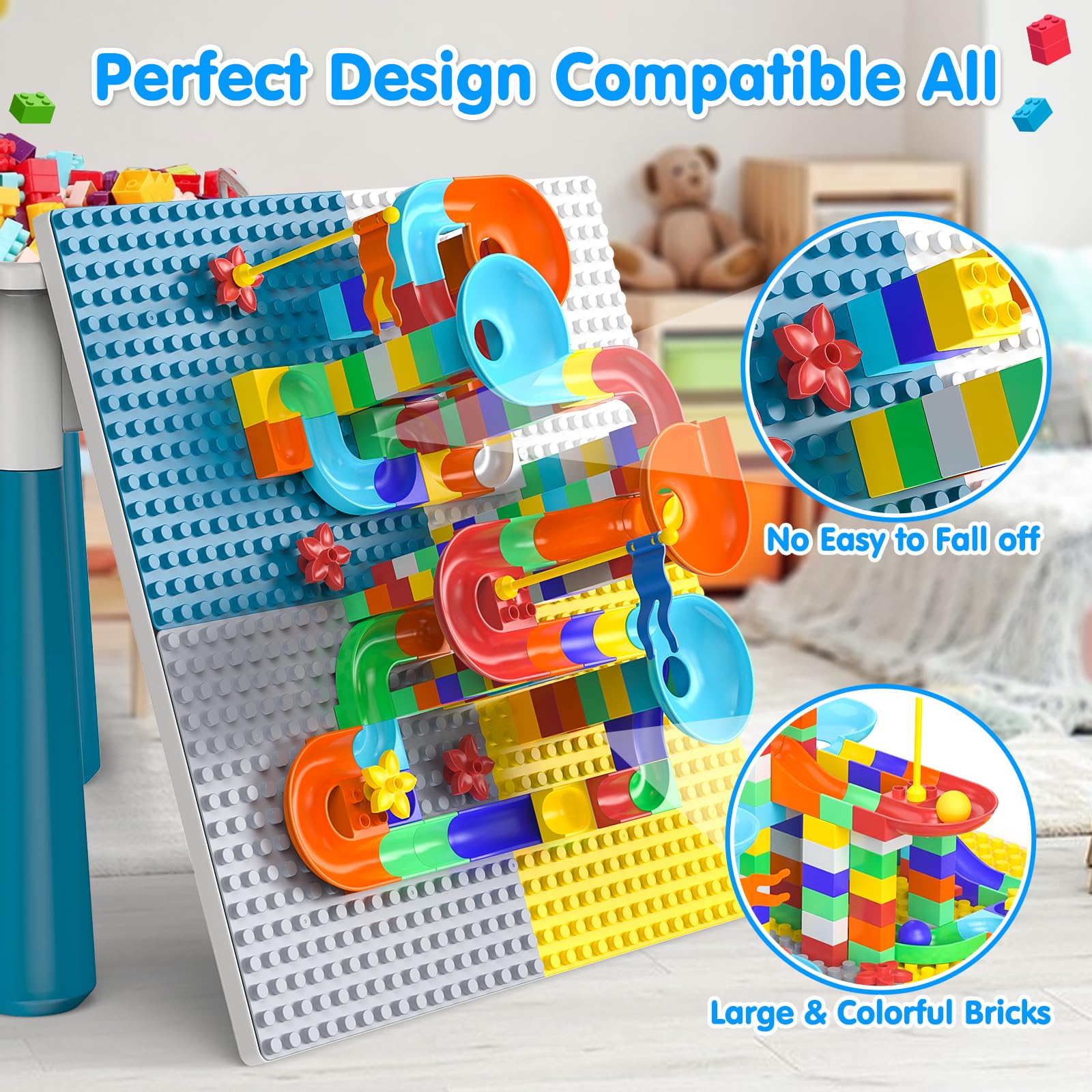 OCATO Deep storage bins keep blocks organized under the table.