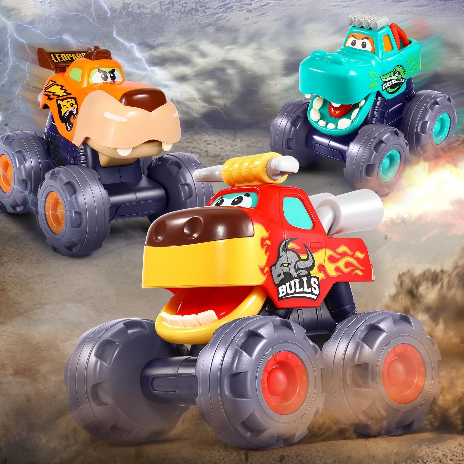 OCATO triple-pack monster trucks side view, easy grip for little hands.