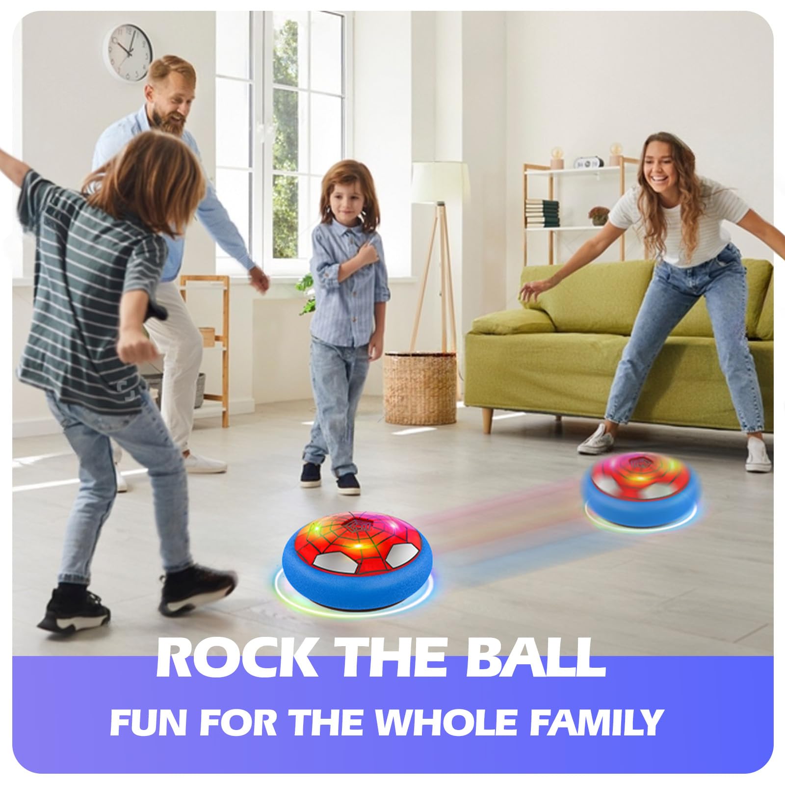 Ocditikl Hover Soccer Ball glides smoothly on carpet or hardwood indoors.