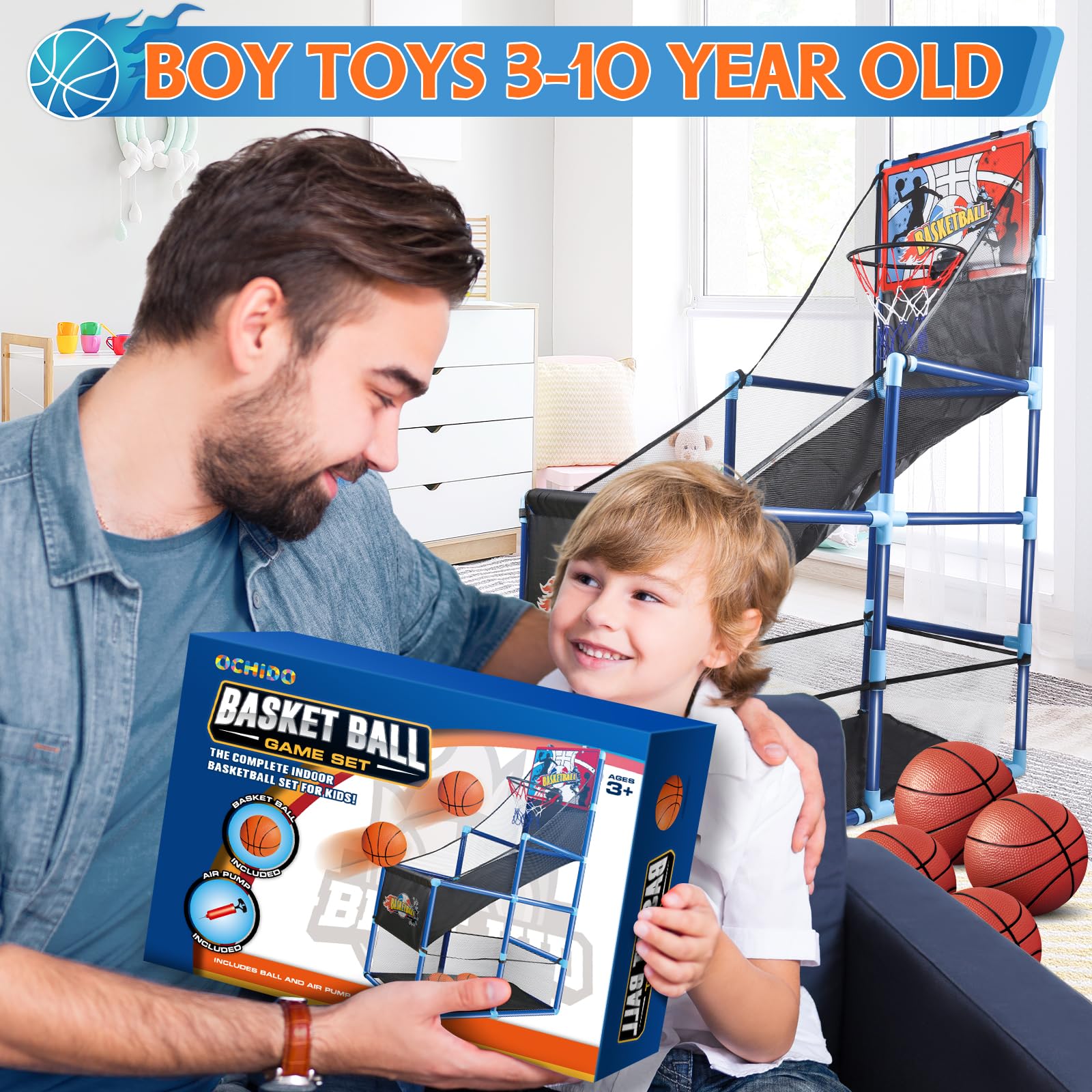 Kids playing with the OCHIDO arcade basketball set during family time