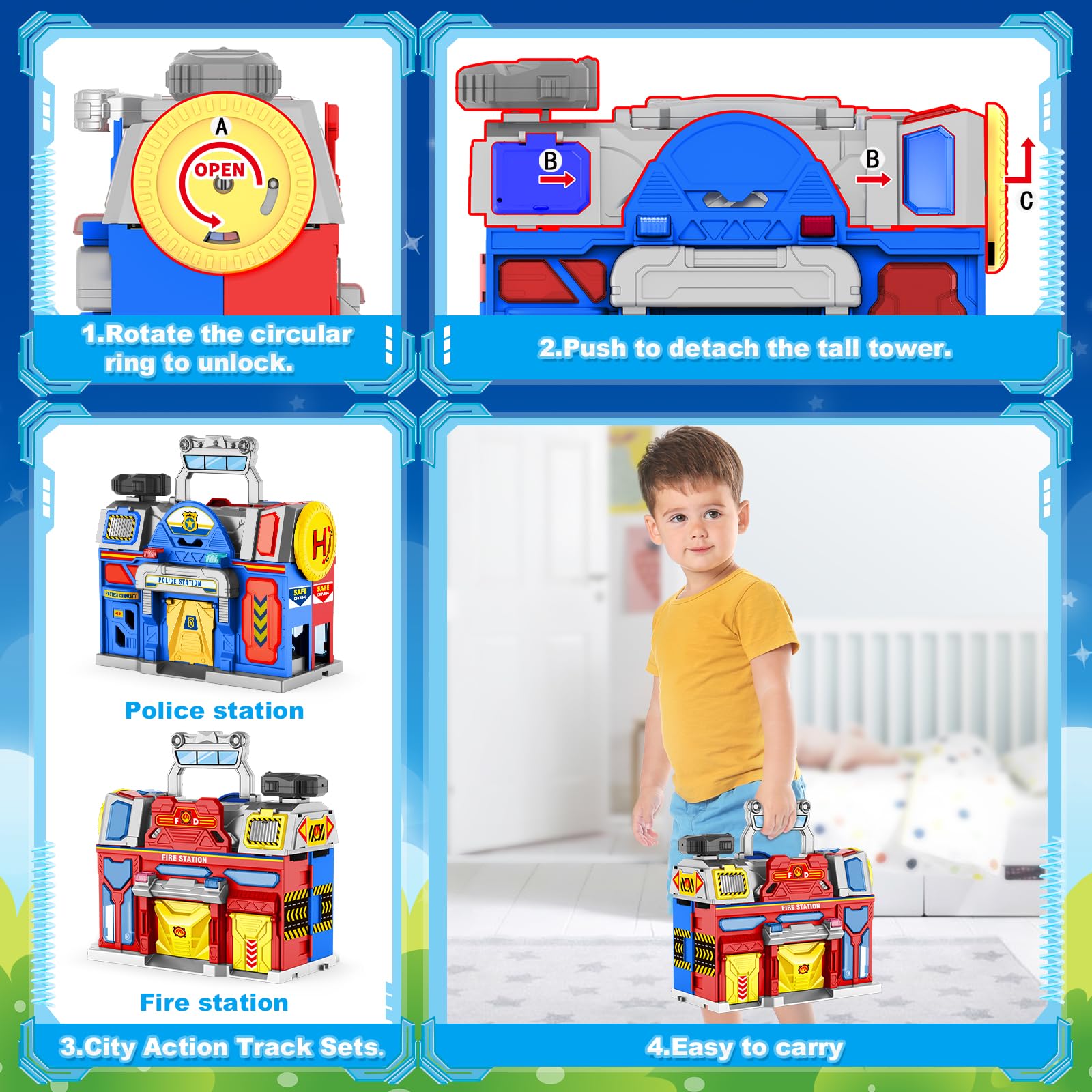 Ochido city action playset track layout with garages supports creative city missions
