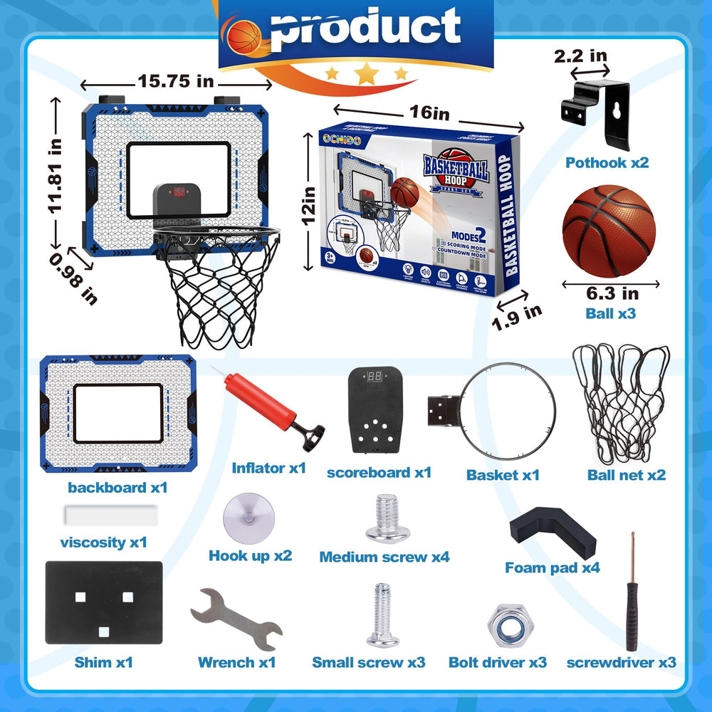 OCHIDO Indoor Basketball Hoop with electronic scoreboard for scoring fun