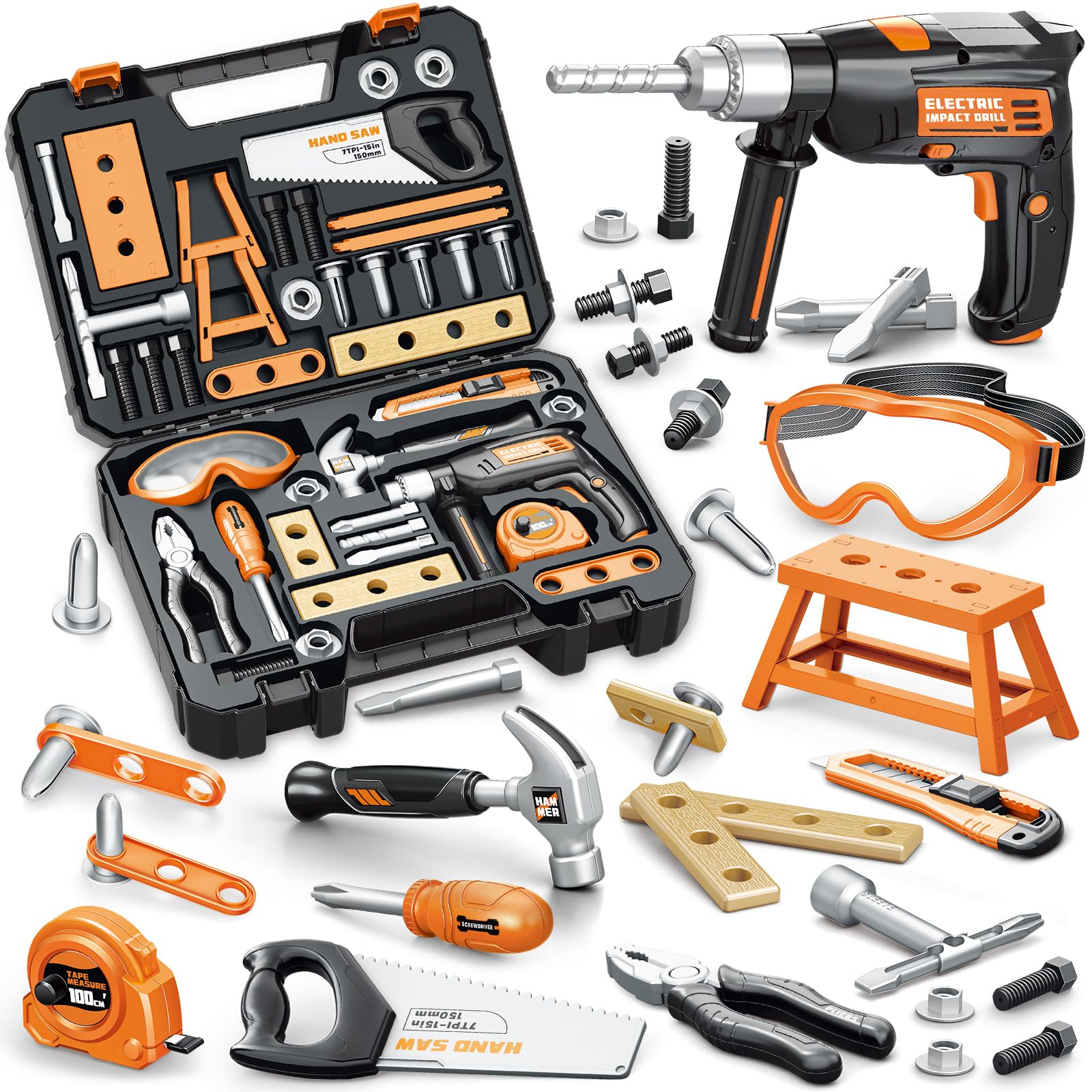 OCHIDO kids tool set box open showing organized tools for easy access