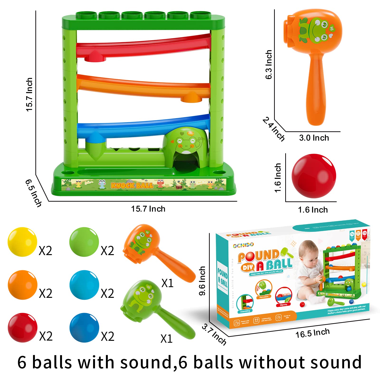 OCHIDO Pound A Ball color balls with sound provide auditory cues during play.
