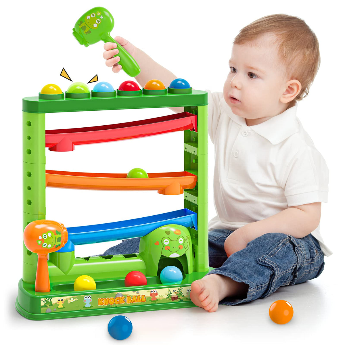 OCHIDO Pound A Ball toy with two hammers promotes fine motor skills through hammering play.