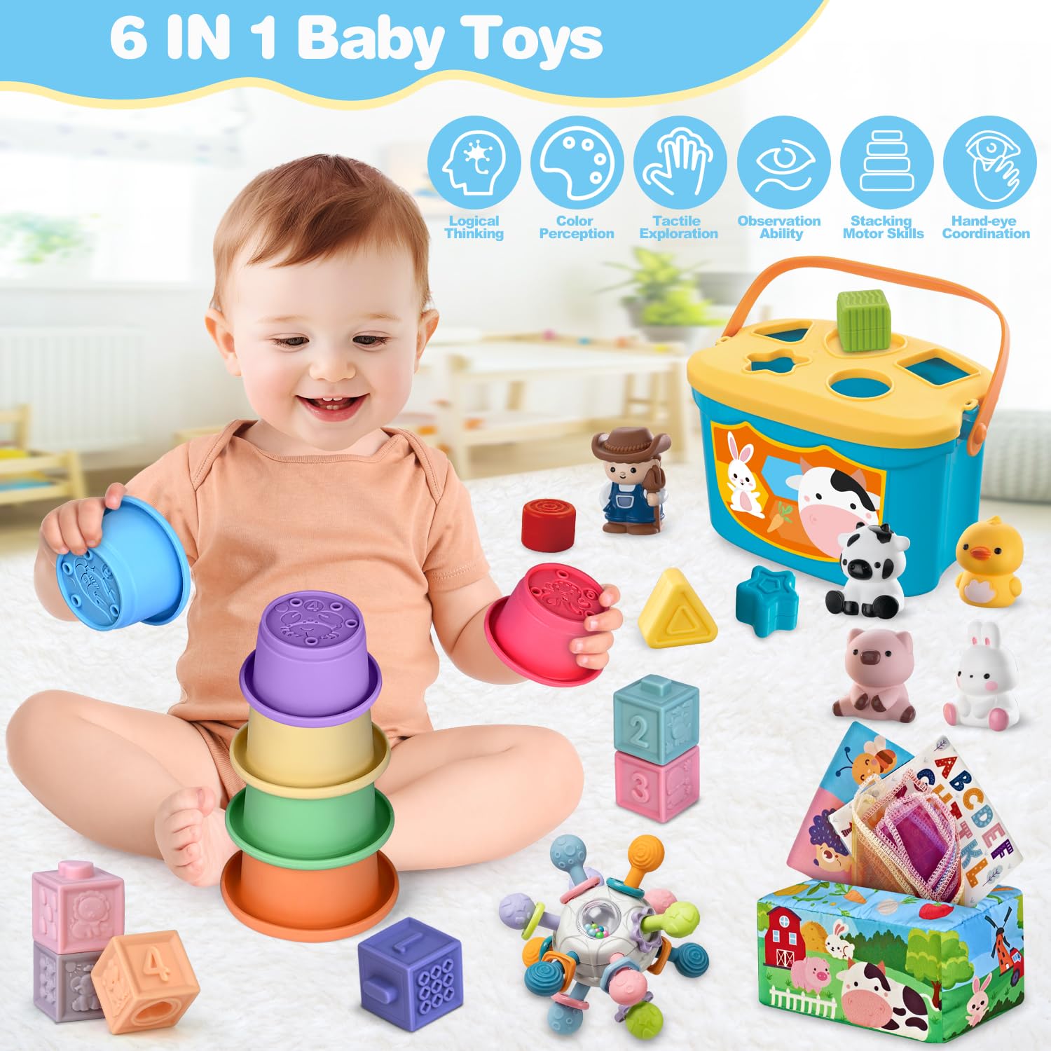 OCHIDO soft stacking cups encouraging grasping, stacking, and hand-eye coordination.