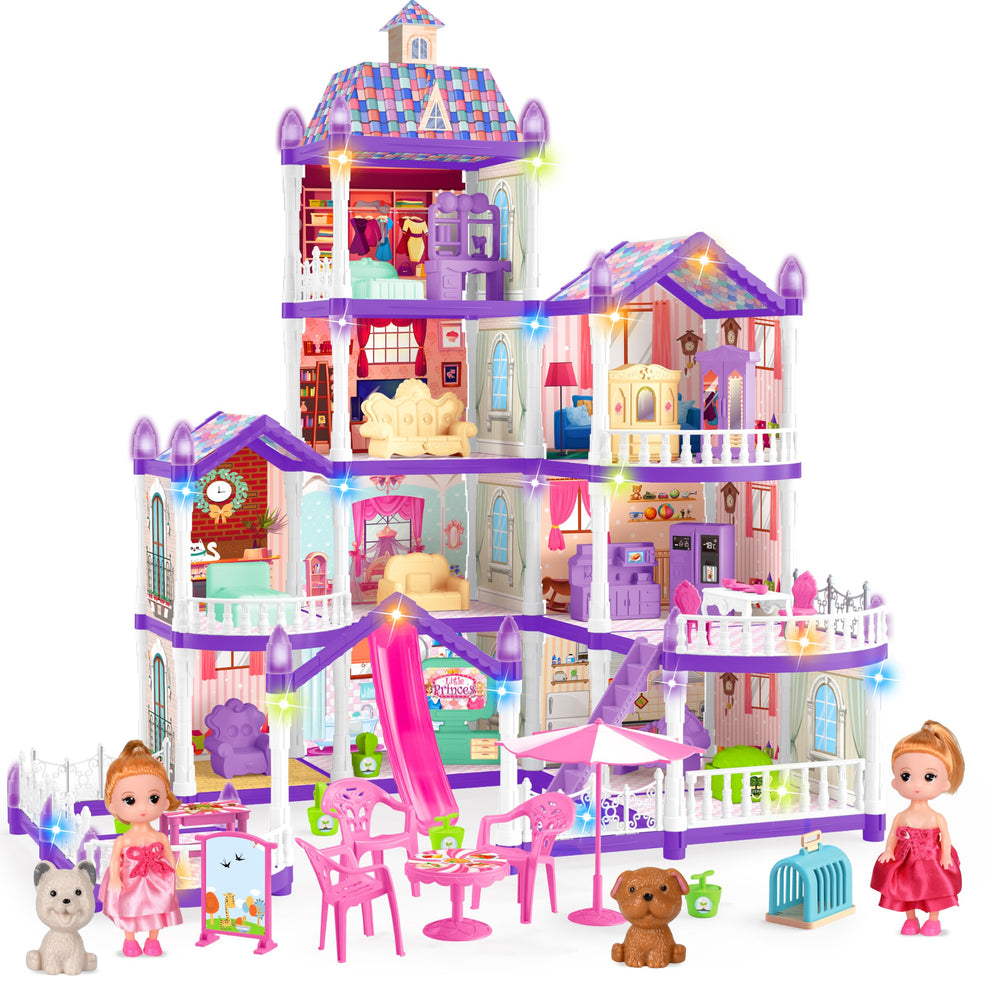 OCTERIC Doll House with 10 rooms and purple design for imaginative play