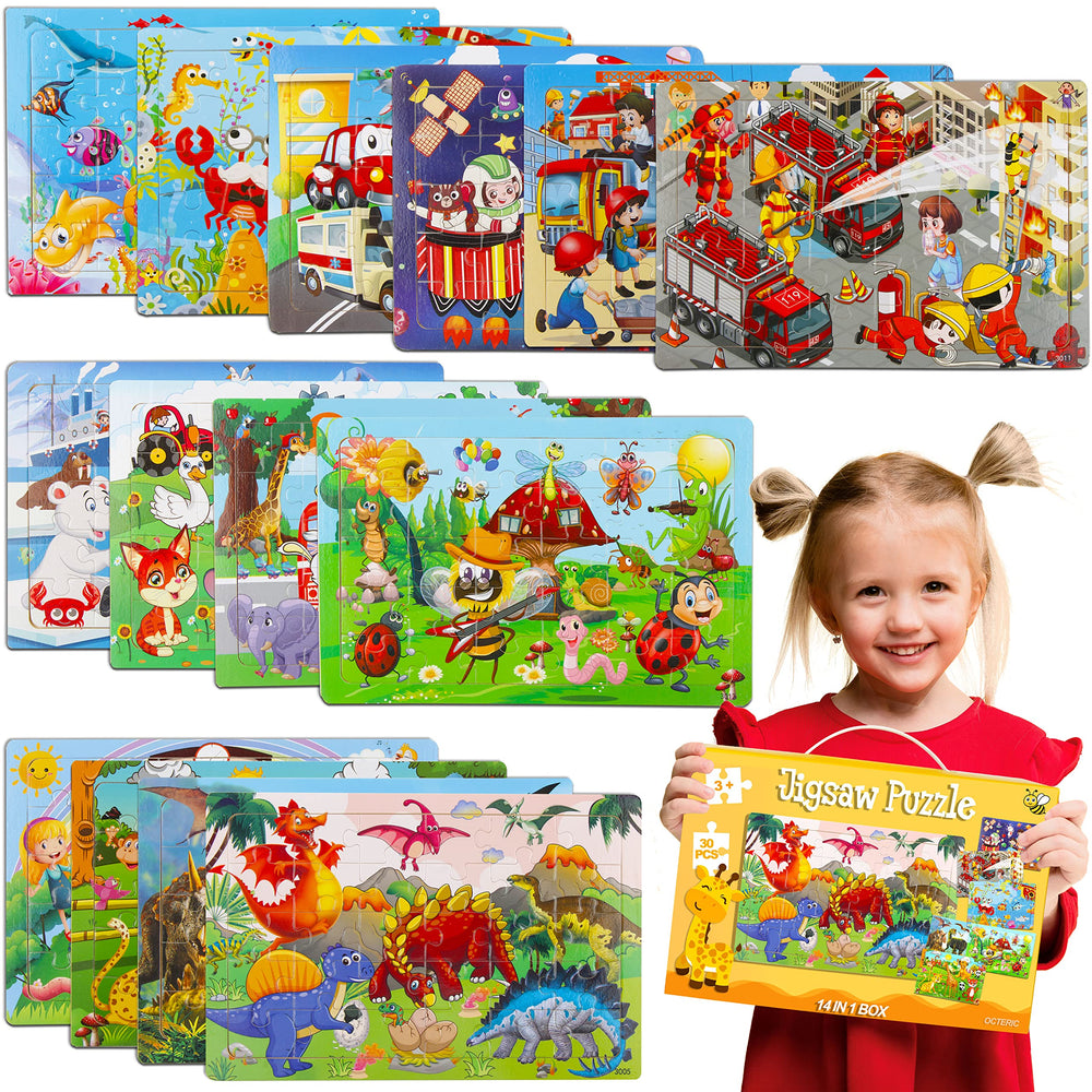 Octeric wooden puzzles collection with 30 pieces supports early learning.