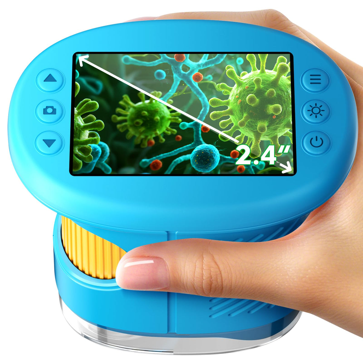 Odatay 1000X kids microscope front view highlights portable design for classroom play