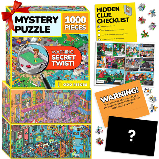 Odd Pieces jigsaw puzzle bundle box art shows three mystery themes.