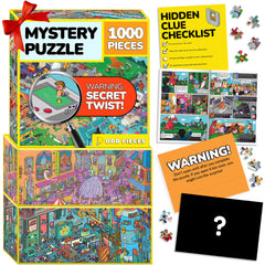 Odd Pieces jigsaw puzzle bundle box art shows three mystery themes.