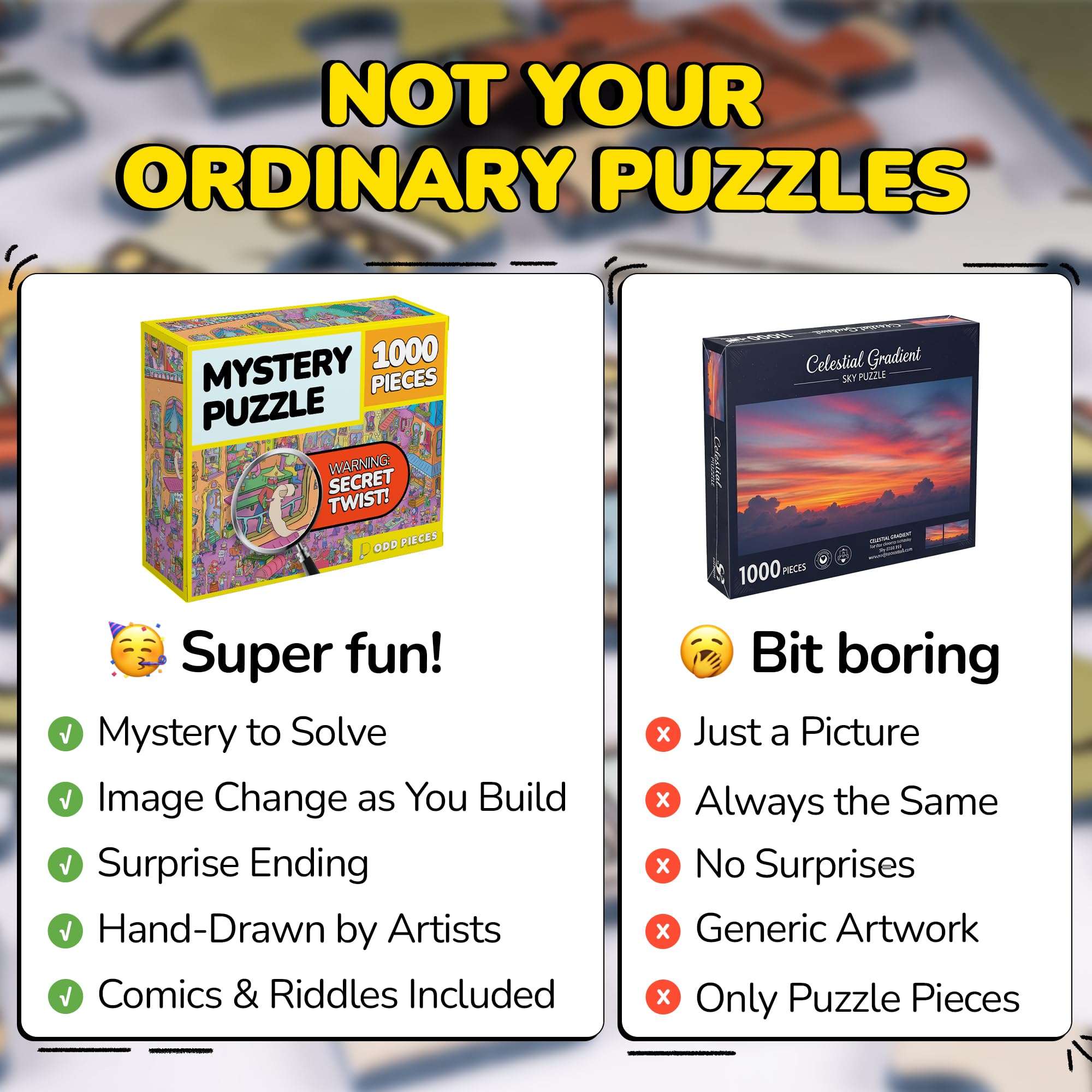Odd Pieces reference posters included to guide puzzling and planning.