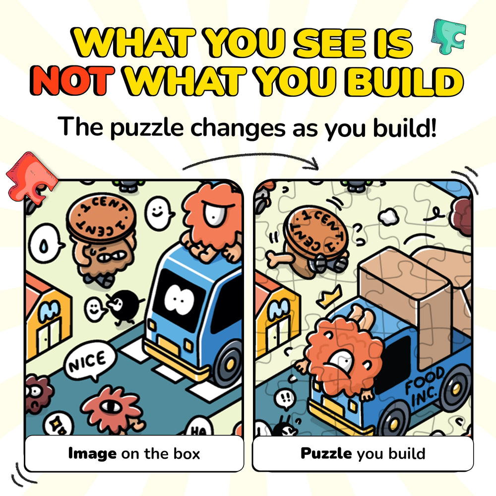 Odd Pieces storytelling comics puzzle image evolving as you assemble for richer detail.